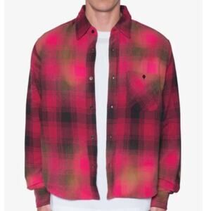 Mnml Men's Red Black Vintage Washed Check Button Down Flannel Shirt Size XL